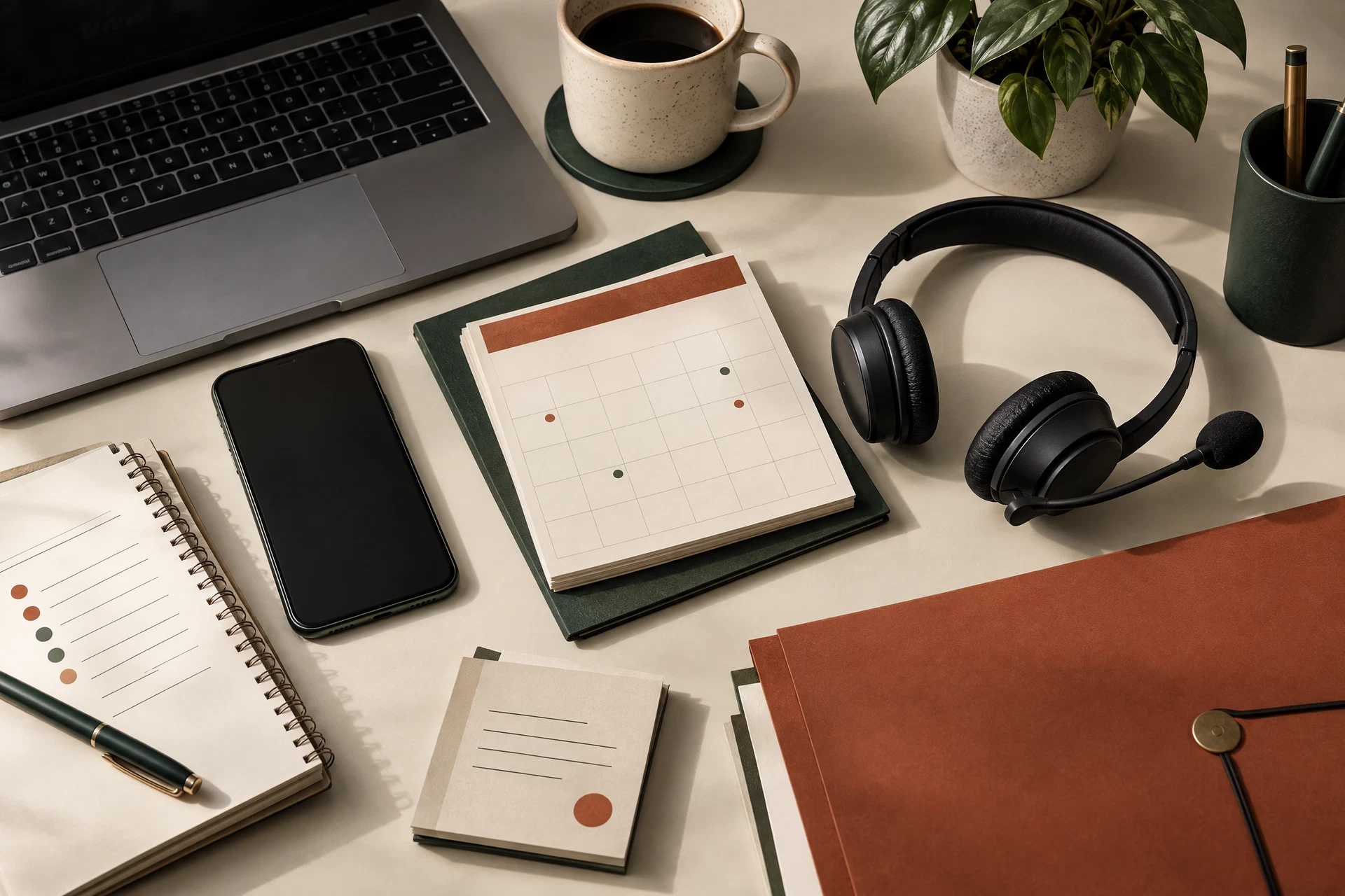 Organized operations desk with a phone, calendar cards, headset, and folder