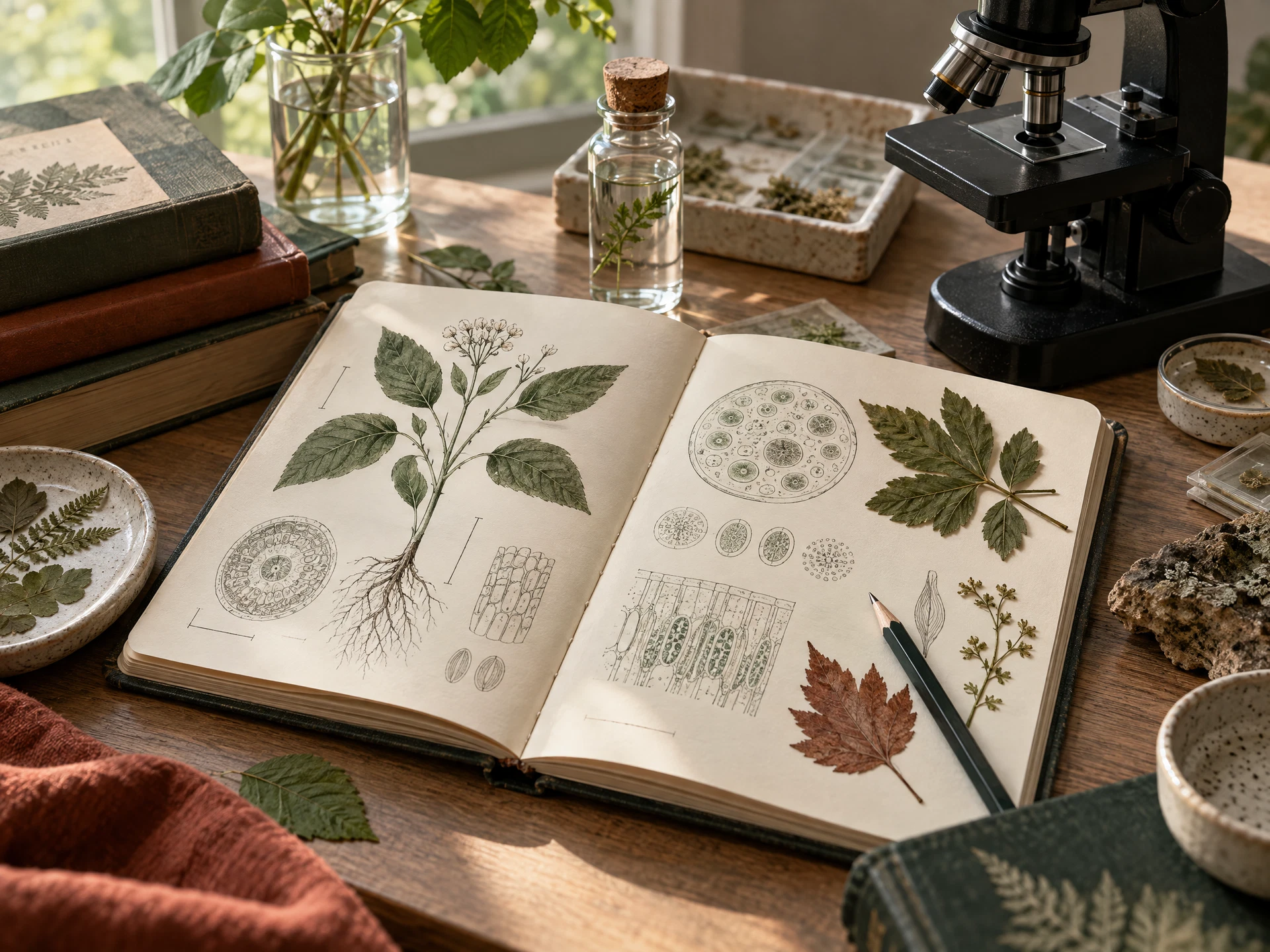 Biology study still life with a notebook, botanical sketches, leaves, and a microscope