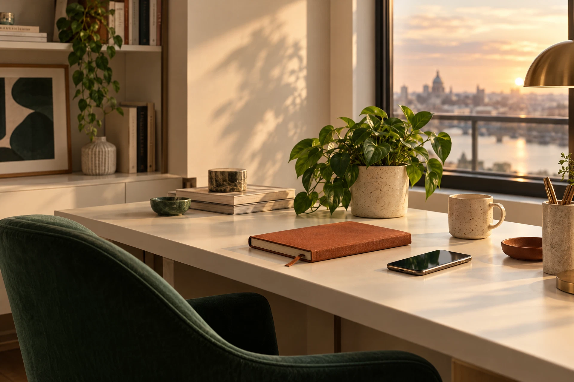 Welcoming creative workspace beside a sunlit window with a phone, notebook, and plant