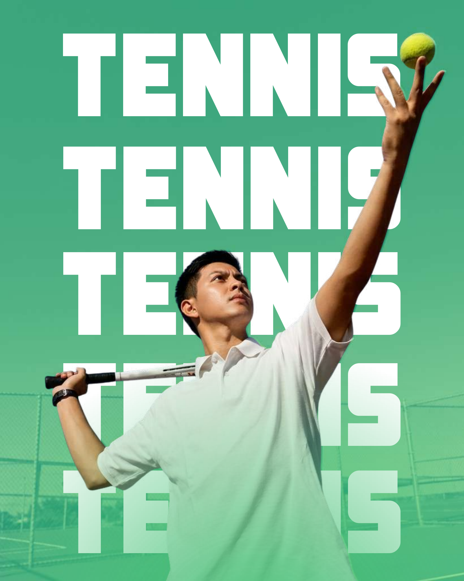 Green tennis poster with an athlete reaching for a ball